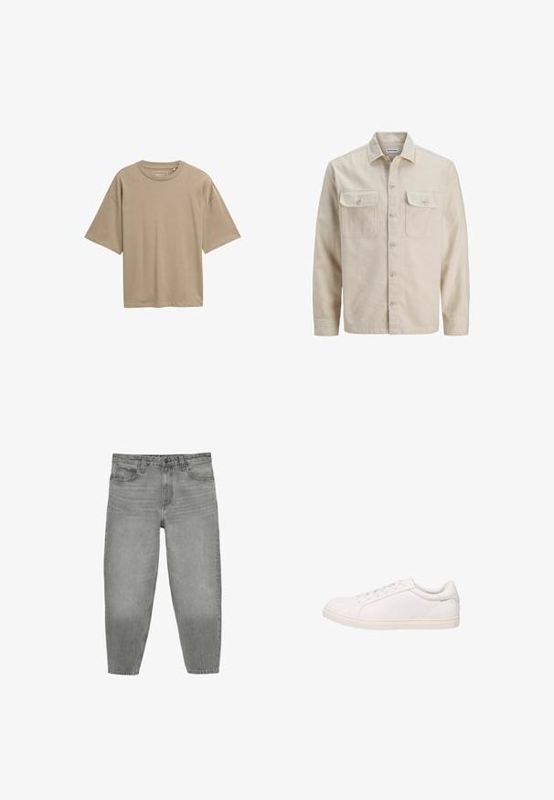 Beige skjorte med knaplukning i blødt stof, der har to brystlommer, lange ærmer og en lige søm. Ensfarvet tekstur uden mønstre.; Beige kortærmet t-shirt med en løs pasform, rund halsudskæring og glat tekstur. Ingen synlige mønstre eller hardware detaljer.; Lysegrå denimjeans med høj talje, bæltestropper, knaplukning foran og en tilspidset benstil.; Hvid lavt sneakersko med snørelukning og flad sål, vist i sideprofil på hvid baggrund.