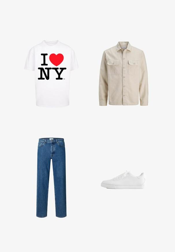 Chemise beige à boutons en tissu doux, dotée de deux poches poitrine, de manches longues et d'un ourlet droit. Texture unie sans motifs.; T-shirt en coton blanc à manches courtes avec un texte noir vif "I NY" et une forme de cœur rouge, design classique à encolure ras du cou.; Jean droit bleu en denim avec fermeture par bouton et fermeture éclair, passants de ceinture et design cinq poches.; Baskets basses blanches avec lacets, dessus en cuir lisse et semelle extérieure en caoutchouc plate, vues de côté sur fond blanc.