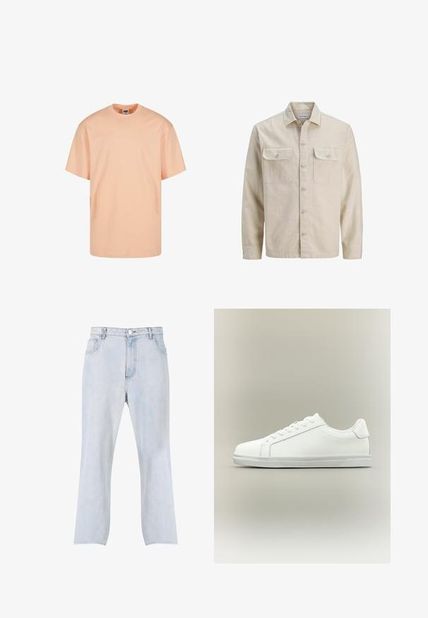 Camisa beige de botones en tejido suave, con dos bolsillos en el pecho, mangas largas y dobladillo recto. Textura lisa sin patrones.; Camiseta corta de manga corta en melocotón claro, hecha de algodón. Presenta un escote redondo y un corte relajado. Textura suave sin patrones ni gráficos.; Vaqueros de mezclilla azul claro con piernas rectas, cierre delantero con botón y cremallera, y diseño de cinco bolsillos.; Zapatilla blanca de caña baja con cordones al frente y suela de goma texturizada sobre un fondo neutro y sencillo.