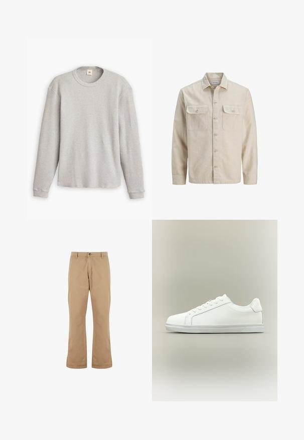Chemise beige à boutons en tissu doux, dotée de deux poches poitrine, de manches longues et d'un ourlet droit. Texture unie sans motifs.; Pull en maille gris à manches longues avec une texture côtelée, encolure ronde et ourlet droit. Les poignets sont ajustés et fabriqués en tissu doux.; Pantalons en coton beige à coupe droite, dotés d'une fermeture à bouton, de poches avant et d'une texture lisse.; Baskets blanches basses à lacets sur l'avant avec semelle en caoutchouc texturée, sur fond neutre uni.