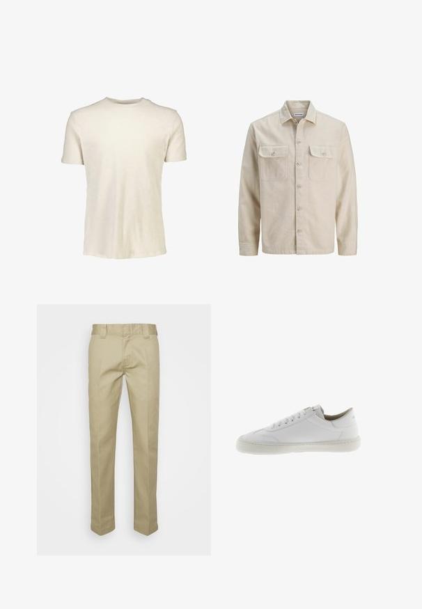 Camisa beige de botones en tejido suave, con dos bolsillos en el pecho, mangas largas y dobladillo recto. Textura lisa sin patrones.; Camiseta de manga corta en beige claro, hecha de algodón suave. Presenta un escote redondo y una textura lisa sin patrones ni gráficos.; Pantalones beiges hechos de una tela suave, con un diseño de pierna recta, trabillas para cinturón y detalles de pliegue frontal para un aspecto a medida.; Zapatilla de cuero blanca con punta redondeada, diseño plano con cordones, cuello acolchado y suela de goma de color claro. Estilo minimalista sin patrones.