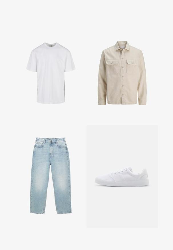 Chemise beige à boutons en tissu doux, dotée de deux poches poitrine, de manches longues et d'un ourlet droit. Texture unie sans motifs.; T-shirt blanc uni à manches courtes avec col rond et coupe décontractée, présenté sur fond blanc.; Jeans en denim bleu clair taille haute avec une coupe droite, poches avant et arrière, et une fermeture à bouton avec des coutures visibles.; Baskets en toile blanches avec une semelle en caoutchouc, dotées de six œillets, d'un embout texturé et d'un design minimaliste.