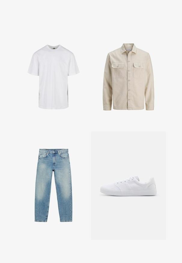 Beige overhemd met knopen in zachte stof, met twee borstzakken, lange mouwen en een rechte zoom. Effen textuur zonder patronen.; Eenvoudig wit T-shirt met korte mouwen en ronde hals, met een losse pasvorm, afgebeeld tegen een witte achtergrond.; Jeans met rechte pijpen van blauwe denim, met voorzakken en riemlussen, met lichte vervaagde details op dijen en knieën.; Witte canvas sneakers met een rubberen zool, voorzien van zes oogjes, een gestructureerde neuskap en een minimalistisch ontwerp.