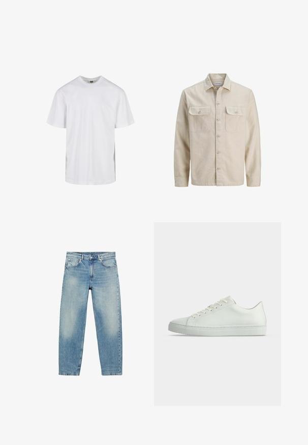 Chemise beige à boutons en tissu doux, dotée de deux poches poitrine, de manches longues et d'un ourlet droit. Texture unie sans motifs.; T-shirt blanc uni à manches courtes avec col rond et coupe décontractée, présenté sur fond blanc.; Jean droit en denim bleu avec poches avant et passants de ceinture, présentant des détails légèrement décolorés sur les cuisses et les genoux.; Baskets basses blanches avec lacets, empeigne en cuir lisse et semelle plate en caoutchouc, vues de profil sur un fond uni.