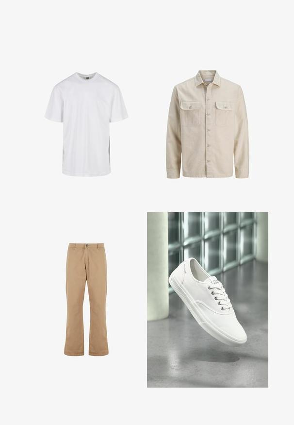 Chemise beige à boutons en tissu doux, dotée de deux poches poitrine, de manches longues et d'un ourlet droit. Texture unie sans motifs.; T-shirt blanc uni à manches courtes avec col rond et coupe décontractée, présenté sur fond blanc.; Pantalons en coton beige à coupe droite, dotés d'une fermeture à bouton, de poches avant et d'une texture lisse.; Baskets basses blanches en toile avec lacets, étiquetées Tommy Hilfiger, montrées flottant au-dessus d’un sol gris lisse près d’un mur en briques de verre.