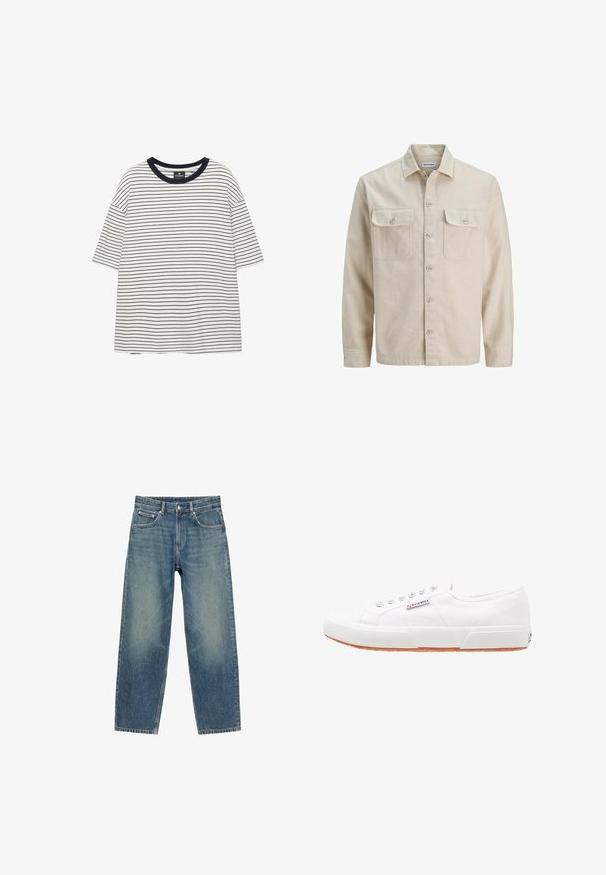 Beige nappikiinnitteinen paitatakki, jossa kaksi edessä olevaa läppätaskua ja pitkät hihat, kaulus ja Jack & Jones -merkki.; Valkoinen lyhythihainen T-paita, jossa on ohuet mustat vaakaraidat ja musta pyöreä kaulus, asetettuna tasaisesti valkoiselle taustalle.; Siniset suoralahkeiset farkut, joissa on etutaskut, vyölenkit ja napillinen sulkeminen, valkoista taustaa vasten esitetty.; Valkoiset kangaskengät, joissa on kumipohja, nauhakiinnitys ja pieni logoetiketti sivussa. Teksturoidusta valkoisesta päällisestä ja ruskeasta pohjasta.