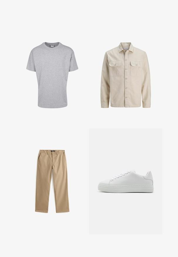 Beige skjorte med knaplukning i blødt stof, der har to brystlommer, lange ærmer og en lige søm. Ensfarvet tekstur uden mønstre.; Grå kortærmet T-shirt lavet af bomuldsblanding. Den har en rund halsudskæring og en afslappet pasform uden mønstre eller pynt.; Beige bukser med lige ben, knap- og lynlåslukning, bæltestropper og sidelommer, lagt fladt på en hvid baggrund.; Hvide lædersneakers med en chunky platformsål, rund tå og seks snørehuller. Glat tekstur med subtile syninger.