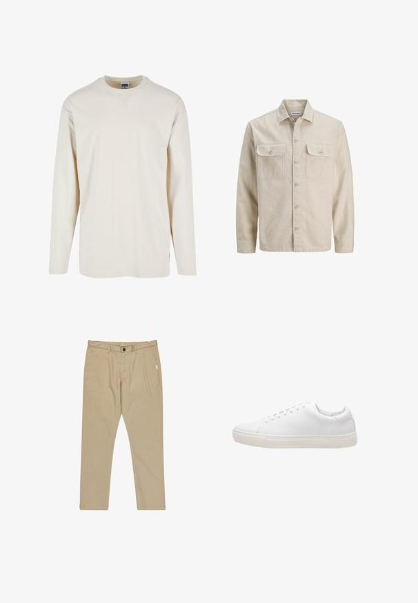 Camisa beige de botones en tejido suave, con dos bolsillos en el pecho, mangas largas y dobladillo recto. Textura lisa sin patrones.; Camiseta de manga larga en color crema, confeccionada en suave algodón, con un escote redondo y aberturas laterales para mayor comodidad. Diseño minimalista, textura lisa.; Pantalones de algodón beige con frente plano, bolsillos laterales y cierre de botón. Presentan detalles de costura y un diseño de pierna recta.; Zapatilla de cuero blanco con textura suave, puntera redonda, cierre de cordones y suela de goma plana. Diseño minimalista sin patrones visibles.