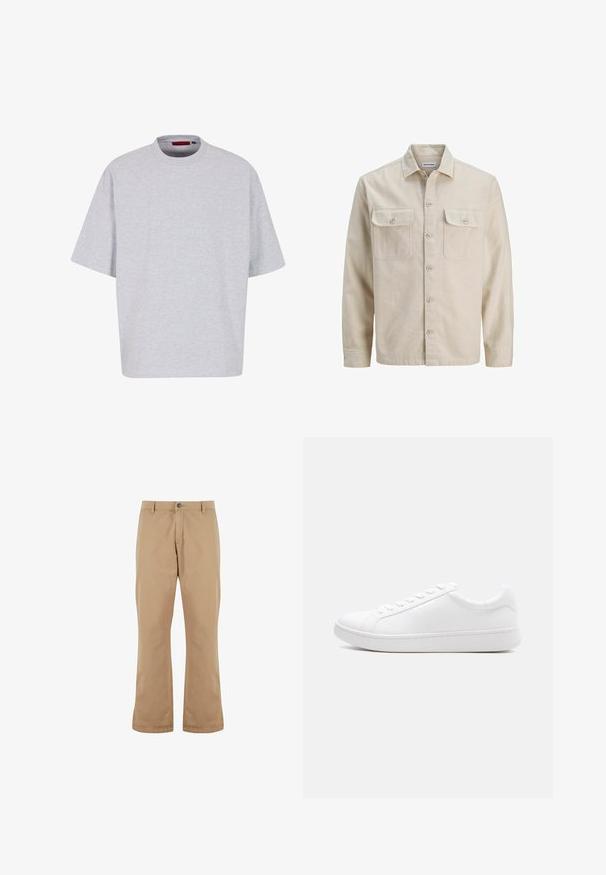 Chemise beige à boutons en tissu doux, dotée de deux poches poitrine, de manches longues et d'un ourlet droit. Texture unie sans motifs.; T-shirt surdimensionné gris clair, à manches courtes, col rond, en tissu doux, avec un ourlet droit sans motifs ni embellissements.; Pantalons en coton beige à coupe droite, dotés d'une fermeture à bouton, de poches avant et d'une texture lisse.; Baskets blanches basses à lacets, tige en cuir lisse et semelle épaisse en caoutchouc, vues de profil sur un fond uni.