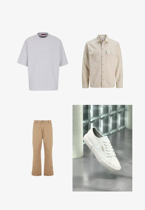 Beige overhemd met knopen in zachte stof, met twee borstzakken, lange mouwen en een rechte zoom. Effen textuur zonder patronen.; Lichtgrijs oversized t-shirt, korte mouwen, ronde halslijn, gemaakt van zachte stof, heeft een rechte zoom zonder patronen of versieringen.; Beige katoenen broek met een rechte snit, voorzien van een knoopsluiting, zijzakken en een gladde textuur.; Witte Calvin Klein lage sneaker met veters, rubberen zool en logotag, zwevend boven een grijze gepolijste vloer nabij een muur van glazen blokken.