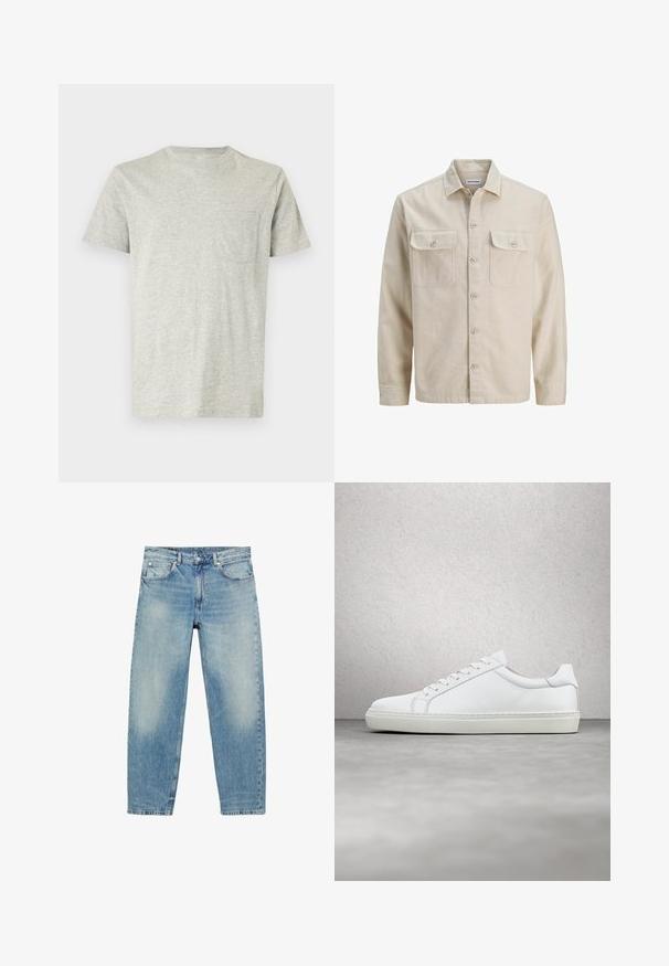 Chemise beige à boutons en tissu doux, dotée de deux poches poitrine, de manches longues et d'un ourlet droit. Texture unie sans motifs.; T-shirt gris clair à manches courtes avec col rond et petite poche sur la poitrine gauche, présenté sur un fond blanc uni.; Jean droit en denim bleu avec poches avant et passants de ceinture, présentant des détails légèrement décolorés sur les cuisses et les genoux.; Sneaker blanche avec une tige en cuir lisse et un profil bas. Présente un bout arrondi, six œillets et une semelle en caoutchouc texturé.