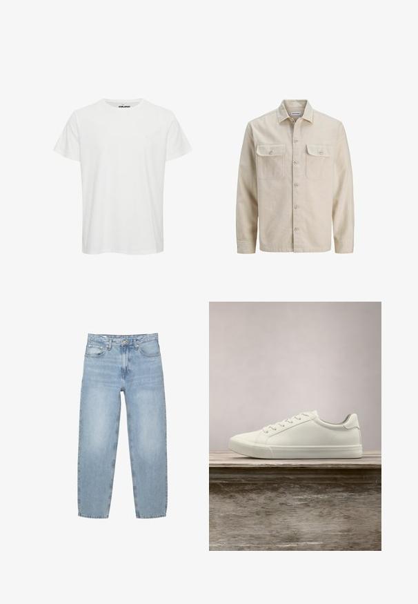 Chemise beige à boutons en tissu doux, dotée de deux poches poitrine, de manches longues et d'un ourlet droit. Texture unie sans motifs.; T-shirt en coton blanc avec manches courtes, col rond et un logo discret sur la poitrine. Texture lisse avec une coupe classique.; Jean en denim bleu clair, coupe ample, taille haute, design à cinq poches, braguette à boutons et zip, jambes droites avec un ourlet légèrement effiloché.; Sneaker en dentelle blanche flottant au-dessus d'un banc en bois avec un feuillage vert en arrière-plan, mettant en valeur le design et la texture de la chaussure.