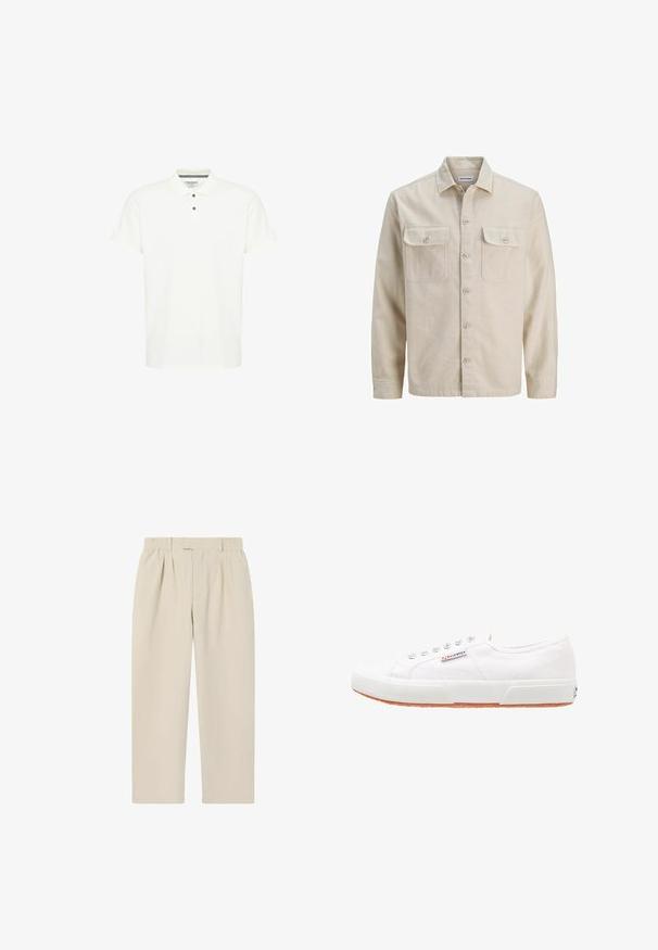 Chemise beige à boutons en tissu doux, dotée de deux poches poitrine, de manches longues et d'un ourlet droit. Texture unie sans motifs.; Polo shirt blanc en coton, avec un col classique, des manches courtes et une patte de boutonnage à trois boutons avec des boutons bleu marine.; Pantalon beige à coupe droite avec taille élastique, passants pour ceinture, plis devant et finition nette et ajustée.; Baskets en toile blanches avec une semelle en caoutchouc, design à lacets et une petite étiquette logo sur le côté. Tige blanche texturée et semelle extérieure marron.
