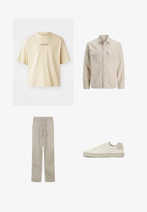 Beige overhemd met knopen in zachte stof, met twee borstzakken, lange mouwen en een rechte zoom. Effen textuur zonder patronen.; Beige katoenen t-shirt met een ronde hals, korte mouwen en de tekst "STUDIO EDITION" in zwarte print over de borst.; Lichtbeige, relaxed-fit broek met een elastische tailleband, koordsluiting en patchzakken, gemaakt van ademend materiaal en met een matte afwerking.; Witte leren lage sneaker met witte veters, licht gestructureerde zool en lichtgrijze suède hielpatch, zijaanzicht.
