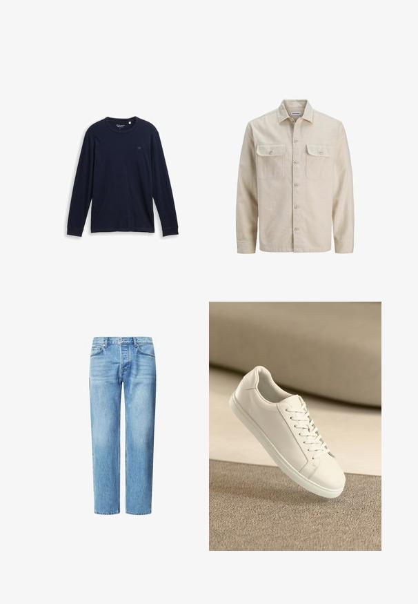 Beige skjorte med knaplukning i blødt stof, der har to brystlommer, lange ærmer og en lige søm. Ensfarvet tekstur uden mønstre.; Marine langærmet T-shirt lavet af blødt bomuld, med rund halsudskæring, syede kanter og et lille broderet logo på brystet.; Lyseblå denimjeans med lige ben, fem lommer og klassisk knap- og lynlåslukning. Subtil falmet tekstur i hele stoffet.; Hvide lædersneakers med hvide snørebånd, præsenteret på en beige tekstureret overflade og med en blødt uskarp baggrund.