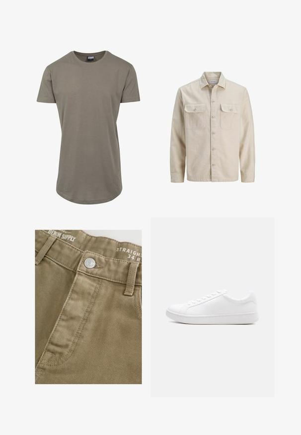 Camisa beige de botones en tejido suave, con dos bolsillos en el pecho, mangas largas y dobladillo recto. Textura lisa sin patrones.; Camiseta verde oliva fabricada en algodón suave, con un escote redondeado y mangas cortas, y un dobladillo curvado más largo para un ajuste relajado.; Pantalones rectos de color beige con superficie texturizada, que cuentan con cierre de botón en la parte delantera y detalle de costura en la cinturilla.; Zapatilla blanca de cuero liso con cierre de cordones, diseño bajo y suela gruesa de caucho, vista lateral sobre un fondo liso.