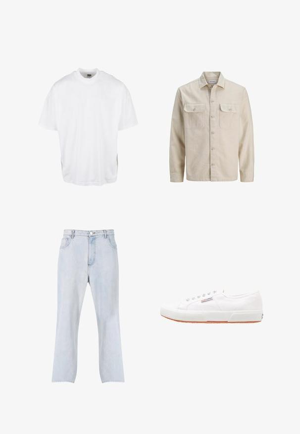 Camisa beige de botones en tejido suave, con dos bolsillos en el pecho, mangas largas y dobladillo recto. Textura lisa sin patrones.; Camiseta de algodón blanca con un corte relajado, mangas cortas y cuello redondo, que presenta un dobladillo recto y sin gráficos ni patrones visibles.; Vaqueros de mezclilla azul claro con piernas rectas, cierre delantero con botón y cremallera, y diseño de cinco bolsillos.; Zapatillas de lona blancas con suela de goma, diseño de cordones y una pequeña etiqueta con el logo en el lateral. Parte superior texturizada blanca y suela marrón.