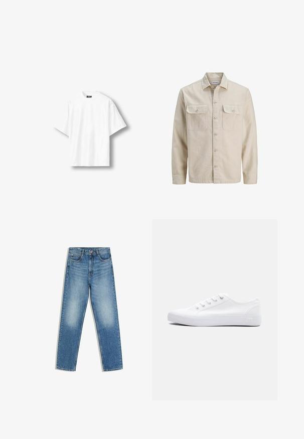 Beige overhemd met knopen in zachte stof, met twee borstzakken, lange mouwen en een rechte zoom. Effen textuur zonder patronen.; Effen wit oversized T-shirt met korte mouwen en een ronde hals, met een zwart label aan de binnenkant van de achterkant van de kraag, getoond op een lichte achtergrond.; Blauwe spijkerbroek met een hoge taille, knoop en rits aan de voorkant, twee voorzakken en vervaagde plekken op de dijen en knieën.; Witte canvas lage sneaker met witte veters, rubberen zool en metalen oogjes, weergegeven vanaf de buitenkant tegen een effen achtergrond.