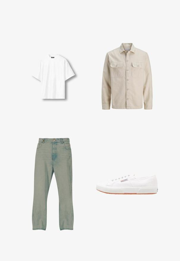 Camisa beige de botones en tejido suave, con dos bolsillos en el pecho, mangas largas y dobladillo recto. Textura lisa sin patrones.; Camiseta blanca lisa de manga corta, de corte holgado, con cuello redondo y etiqueta negra en el interior del cuello trasero, exhibida sobre un fondo claro.; Vaqueros de pierna recta en azul claro con botón delantero, trabillas para cinturón y bolsillos delanteros, mostrados sobre un fondo blanco.; Zapatillas de lona blancas con suela de goma, diseño de cordones y una pequeña etiqueta con el logo en el lateral. Parte superior texturizada blanca y suela marrón.