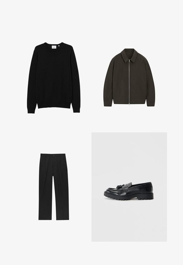 Mørkebrun langærmet jakke med krave og sølvfarvet, fuld længde lynlås ned foran, vist på hvid baggrund.; Sort crew-neck sweater lavet af et glat strikket stof. Har lange ærmer samt ribbede manchetter og kant. Simpelt, ensfarvet design uden mønstre.; Sorte bukser med lige ben, lavet af et glat stof. Har frontfolder og en enkelt knaplukning i taljen.; Sorte læder loafers med en blank finish, kraftig gummisål og dekorativt frynse-detalje på forsiden.