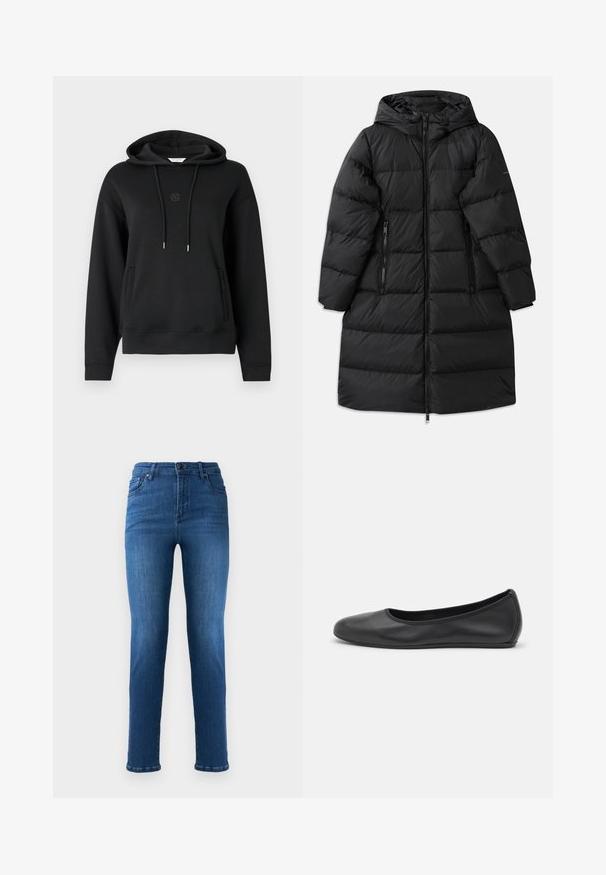 Sort pufferjakke med hætte, der har et quiltet design, to lynlåslommer på siden og en lynlås der går hele vejen ned. Glat tekstur.; Sort hættetrøje lavet af blødt materiale, med en frontlomme, snore og et diskret logo broderet på brystet.; Blå denim jeans med lige ben, med en knap- og lynlåslukning, frontlommer og subtil falming på lårene.; Sort læderballetsko med rund tå, glat tekstur, minimal syning og et fleksibelt såldesign.