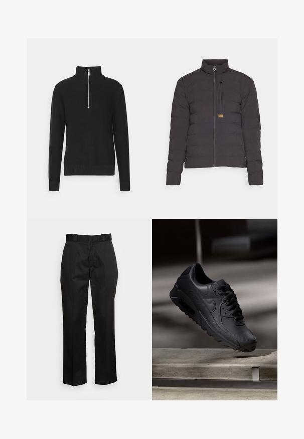Zwarte geïsoleerde jas met hoge kraag, rits aan de voorkant en een ritszak op de borst. Opgeblazen textuur met horizontale naden en logopatch.; Zwart gebreide pullover met een hoge kraag, ritssluiting, geribde manchetten en zoom, met een gladde textuur en een getailleerd silhouet.; Zwarte broek van een gladde stof, met een rechte pijp ontwerp, riemlussen en twee zijzakken. Klassieke uitstraling zonder versieringen.; Zwarte Nike Air Max sneakers met een bovenwerk van gestructureerd leer, rubberen zool en een opvallend vetersysteem, dat een strakke, moderne uitstraling heeft.