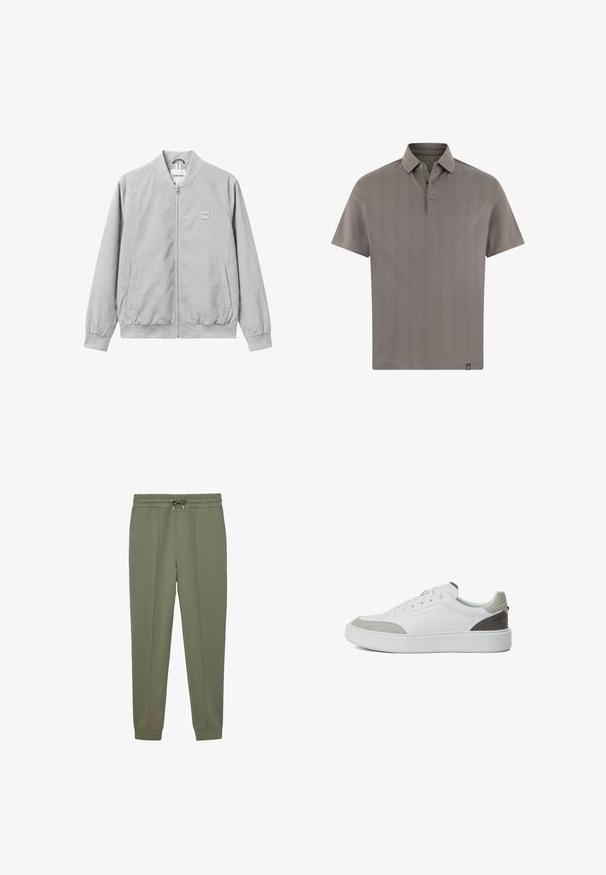 Chaqueta bomber gris claro con cremallera, patrón de cuadros sutil, cuello y puños de canalé, dos bolsillos delanteros y pequeño logo rectangular en el pecho.; Polo de manga corta en gris claro, confeccionado con tela texturizada de rayas verticales, con cuello y tapeta de tres botones.; Pantalones de chándal verde oliva fabricados en una suave mezcla de algodón, con una cinturilla elástica y cordón ajustable, piernas ajustadas y puños acanalados.; KARL LAGERFELD SNEAKER MAXI KUP - Zapatillas - white grey
