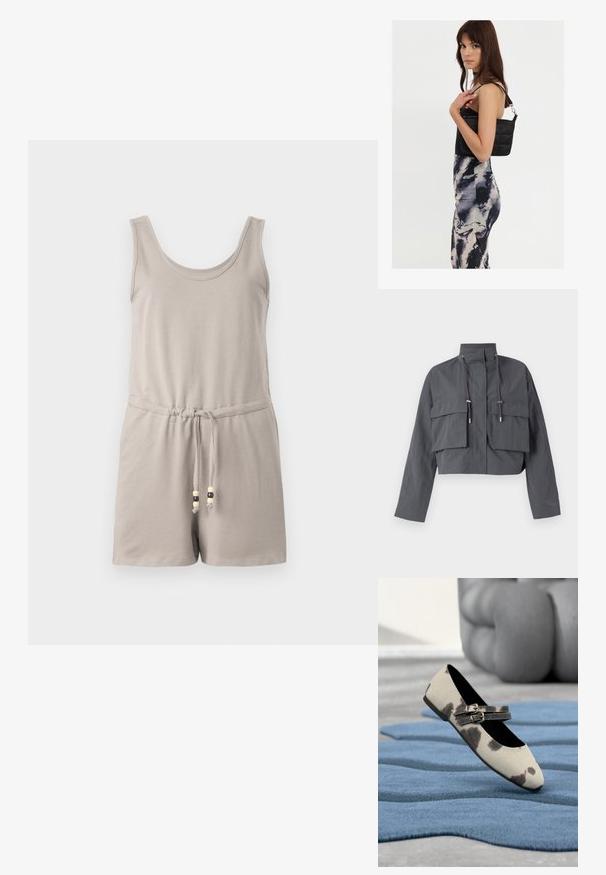 Veste grise cintrée avec un col haut, deux grandes poches avant, des détails à cordon et un tissu léger et texturé.; Combinaison en coton gris clair avec encolure dégagée, design sans manches, taille élastique et cordon de serrage avec des accents en perles en bois.; Chaussure plate beige avec des taches noires et des sangles à double boucle reposant sur un tapis bleu texturé.; Sac à épaule noir en matelassé avec une seule sangle et des accessoires en argent, associé à une robe ajustée à motif tie-dye dans des teintes de noir et de crème.