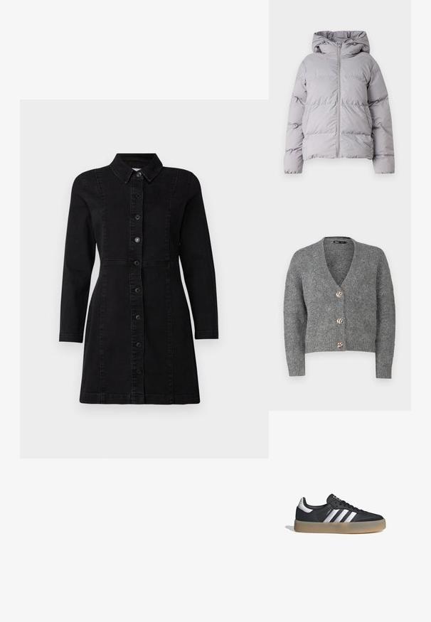 Chaqueta puffer con capucha gris, con cremallera frontal completa, diseño acolchado y puños elásticos. Confeccionada en una tela suave y ligera.; ONLY Petite ONLZOEY CARDIGAN - Chaqueta de punto - dark grey melange; Vestido de mezclilla negro con cuello de solapa, mangas largas y botones frontales. Presenta un diseño ajustado con dos costuras verticales y un dobladillo ligeramente acampanado.; Zapatilla deportiva de cuero negro con tres rayas plateadas, punta texturizada y suela de goma. Cuenta con un collar acolchado y un diseño con cordones.