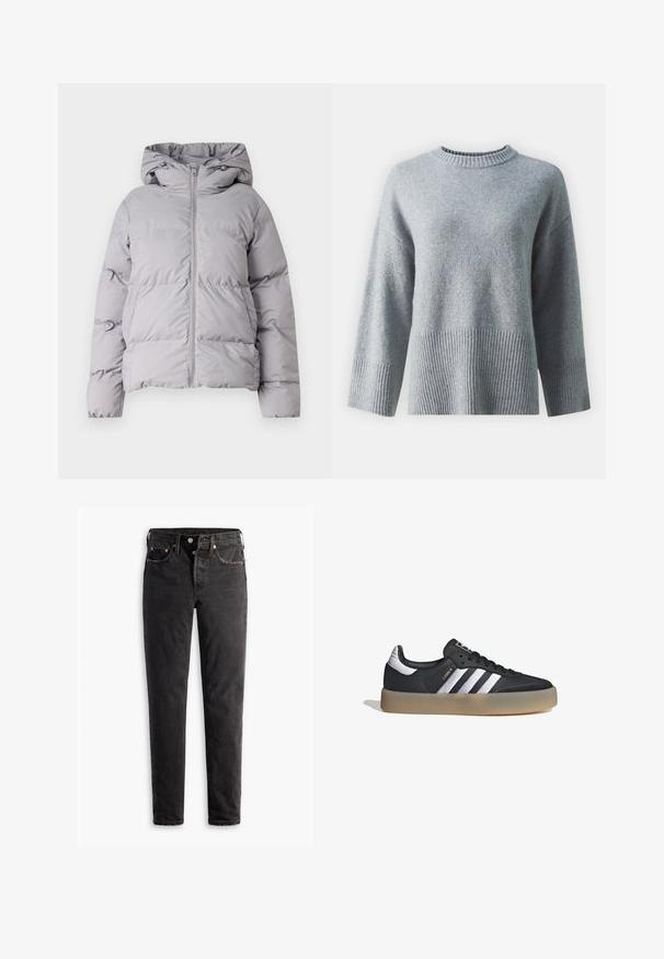 Chaqueta puffer con capucha gris, con cremallera frontal completa, diseño acolchado y puños elásticos. Confeccionada en una tela suave y ligera.; Suéter gris con cuello redondo, que cuenta con un dobladillo y puños de canalé texturizados, hecho de una tela suave con un acabado liso.; Jeans de denim negro con corte recto, que cuentan con cinco bolsillos, herrajes de cobre y una textura ligeramente deslavada.; Zapatilla deportiva de cuero negro con tres rayas plateadas, punta texturizada y suela de goma. Cuenta con un collar acolchado y un diseño con cordones.
