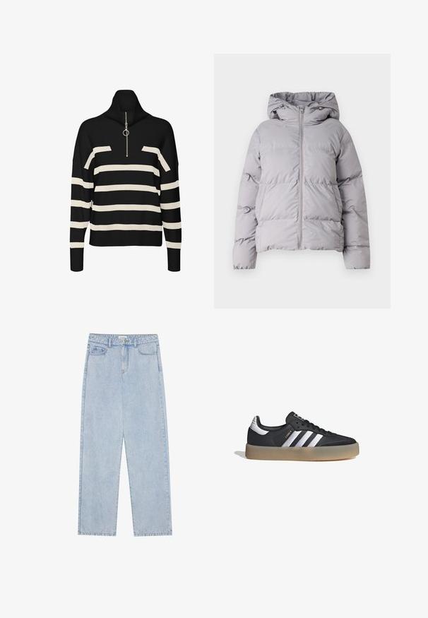 Chaqueta puffer con capucha gris, con cremallera frontal completa, diseño acolchado y puños elásticos. Confeccionada en una tela suave y ligera.; Suéter de cuello alto a rayas negro y crema con cierre de cremallera en el cuello, que presenta un corte holgado y una textura de punto. Acentuado con un detalle de hardware plateado.; Jeans de mezclilla de cintura alta en azul claro, con corte recto, cinco bolsillos y costuras visibles. El material tiene una textura de lavado clásico.; Zapatilla deportiva de cuero negro con tres rayas plateadas, punta texturizada y suela de goma. Cuenta con un collar acolchado y un diseño con cordones.