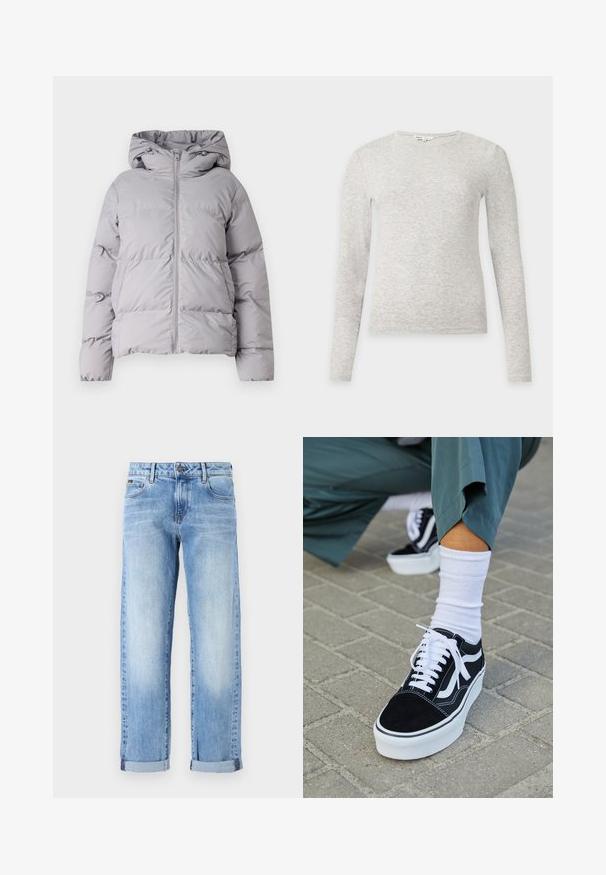 Grijze gewatteerde pufferjack met een volledige voorrits, doorgestikt ontwerp en elastische manchetten. Gemaakt van gladde, lichte stof.; Lichtgrijze, lange mouw, ronde hals gebreide trui met een slanke pasvorm op een effen lichte achtergrond.; Lichtblauwe denim jeans met opgerolde mouwen, vooraan een knoop en rits, en een klassieke vijf-pocket ontwerp op een witte achtergrond.; Zwarte suède sneaker met witte accenten en veters, uitgerust met een dikke witte zool en contrasterende stiksels, gecombineerd met een witte sok.