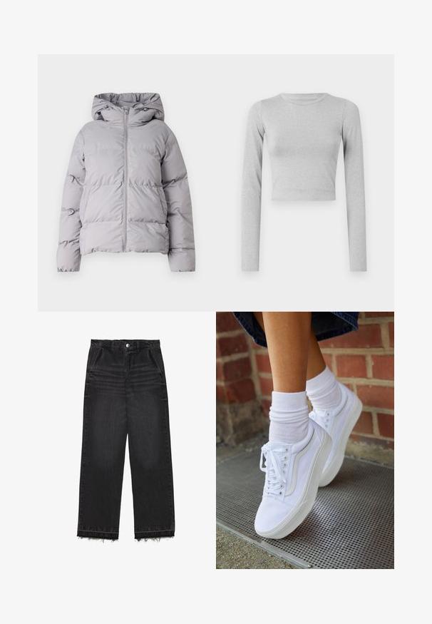 Graue, mit Kapuze versehene Steppjacke mit durchgehendem Reißverschluss, gestepptem Design und elastischen Bündchen. Hergestellt aus glattem, leichtem Material.; Hellgraues, kurz geschnittenes Langarmoberteil aus einem dehnbaren Stoff, mit einem einfachen runden Halsausschnitt und einer glatten Textur.; Schwarze Denim-Hosen mit geradem Bein. Sie verfügen über eine hohe Taille, einen fransigen Saum und eine subtile, ausgebleichte Textur. Mit Eingrifftaschen vorne.; Weiße Leinensneaker mit Gummisohlen, ausgestattet mit sechs Ösen, runder Zehenpartie und dezenten Nähten, kombiniert mit weißen Knöchelsocken.