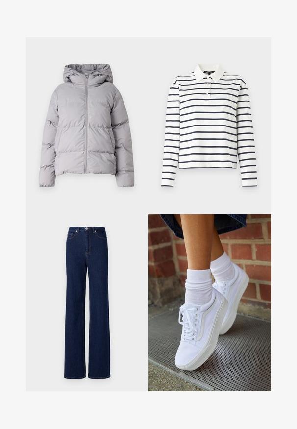 Grå hættepufferjakke med fuld frontlynlås, quiltet design og elastiske mansjetter. Fremstillet af glat, letvægtsstof.; Langærmet polo-shirt i hvid med navy horisontale striber, med krave og tre-knaps placket. Fremstillet af bomuldsmateriale.; Mørkeblå denim jeans med høj talje, bred benudskæring og klassisk fem-pocket design. Afsluttet med kontrastsyning og en metalknap.; Hvide lærreds sneakers med gummisåler, der har seks snørehuller, rund tå og let sømdetaljer, krydret med hvide ankelstrømper.