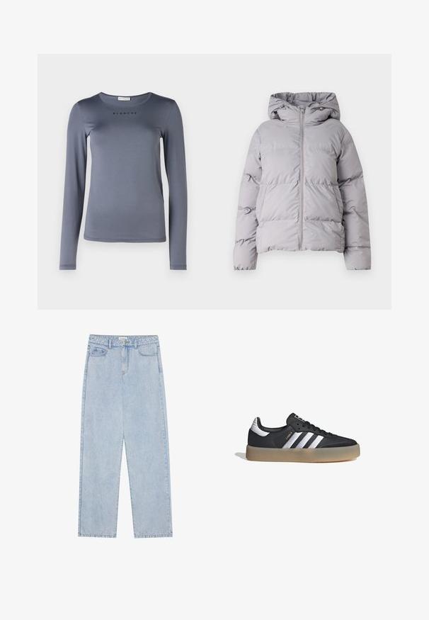 Chaqueta puffer con capucha gris, con cremallera frontal completa, diseño acolchado y puños elásticos. Confeccionada en una tela suave y ligera.; Camisa de manga larga gris, hecha de material suave, con un escote redondo y la palabra "BLANCHE" impresa en negro en el pecho.; Jeans de mezclilla de cintura alta en azul claro, con corte recto, cinco bolsillos y costuras visibles. El material tiene una textura de lavado clásico.; Zapatilla deportiva de cuero negro con tres rayas plateadas, punta texturizada y suela de goma. Cuenta con un collar acolchado y un diseño con cordones.
