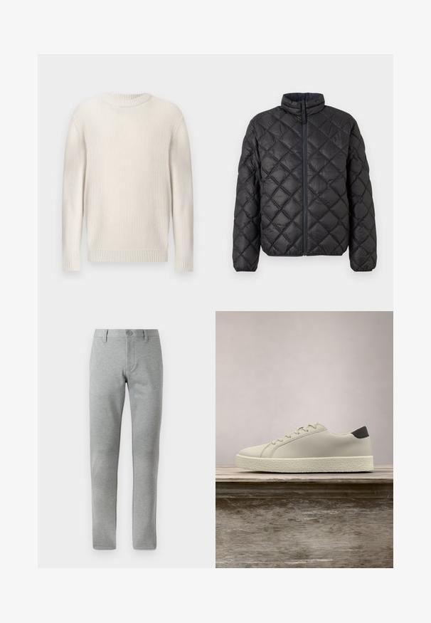 Veste matelassée noire avec un col montant, fermeture éclair devant et motif en losange. Texture lisse et rembourrée pour l'isolation.; Pull tricoté couleur crème à col rond avec manches longues et poignets et ourlet côtelés, texturé avec un motif en maille gaufrée.; Pantalons gris à jambe droite en tissu texturé. Dotés d'une fermeture à bouton, de passants de ceinture et de poches latérales pour plus de fonctionnalité.; Baskets blanches avec semelle texturée et détail noir au talon, flottant au-dessus d'un banc en bois avec de hautes herbes vertes en arrière-plan.
