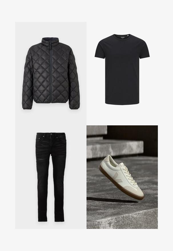 Schwarze gesteppte Pufferjacke mit Stehkragen, Frontreißverschluss und Rautenmuster. Glatte Textur und gepolstert für wärmeisolierenden Schutz.; Schwarzes Baumwoll-T-Shirt mit Rundhalsausschnitt, kurzen Ärmeln und schlichtem Design. Glatte Textur, keine Muster oder sichtbare Beschläge.; Schwarze Skinny-Jeans mit einer glatten Denim-Oberfläche, traditionellem Fünf-Taschen-Design, Reißverschluss und dezenten Ausbleichungen auf dem Stoff.; Weiße Leder-Sneaker mit beige-gummiartiger Sohle, flachen Schnürsenkeln und V-förmigem Akzent an der Seite. Verfügt über eine glatte Oberfläche und minimale Nahtdetails.