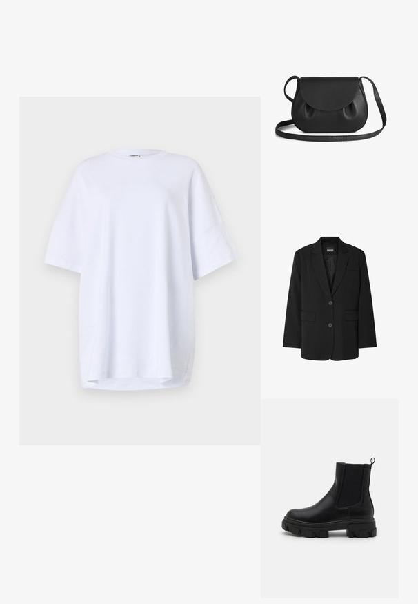 Zwarte blazer van PIECES, met een geknipt kraag, twee voork zakken en een sluiting met twee knopen, gemaakt van gladde stof.; Korte mouwen, oversized wit T-shirt van katoen. Ronde halslijn, zijsplitsen aan de zoom en een gladde textuur zonder zichtbare patronen of accenten.; Zwarte leren enkellaarsjes met elastische zijpanelen, robuuste rubberen zool en trekhaak. Heeft een gladde textuur en een duidelijk profielpatroon.; Zwarte leren schoudertas met een ronde vorm, voorzien van een klepopening en zachte, geplooide accenten. Verstelbare schouderband voor gemak.