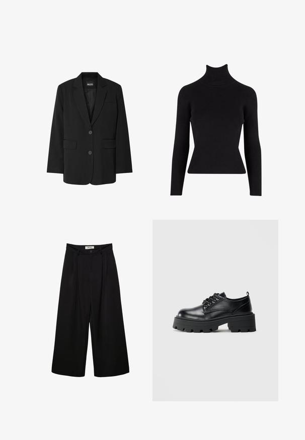 Sort blazer fra PIECES med reverskrave, to frontlommer og to knaplukninger, lavet af glat stof.; Sort ribbet turtleneck sweater med lange ærmer, tætsiddende silhuet, tekstureret stof og høj hals.; Sorte bukser med vide ben og høj talje, med forreste læg, to sidelommer og knaplukning. Glat stoftekstur.; Sorte lædersko med rund tå, snøresystem og en kraftig gummisål med dybe slidbaner. Enkel syning langs kanterne.