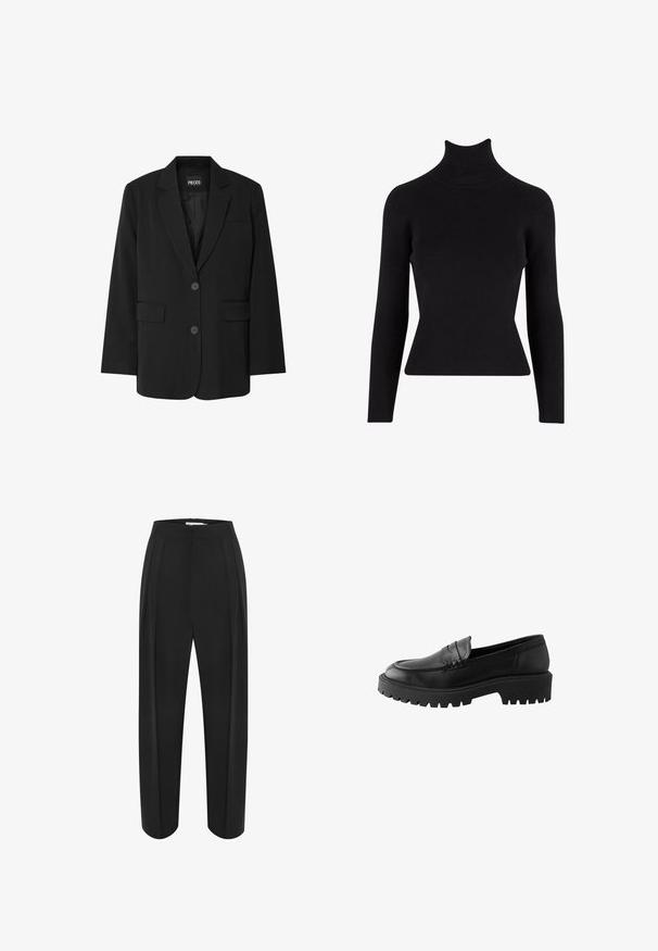 Schwarzer Blazer von PIECES, mit Reverskragen, zwei Fronttaschen und zwei Knopfverschluss, aus glattem Stoff gefertigt.; Schwarzer gerippter Rollkragenpullover mit langen Ärmeln, figurbetonter Silhouette, strukturiertem Stoff und hohem Kragen.; Schwarze weit geschnittene Hose mit hoher Taille, aus einem glatten Material und mit zwei vorderen Falten. Entworfen in einem klaren, maßgeschneiderten Schnitt.; Schwarze Lederloafer mit abgerundetem Zehenbereich, erhöhten Nähten und einer stabilen Gummisohle mit tiefen Profiltiefen für besseren Halt.