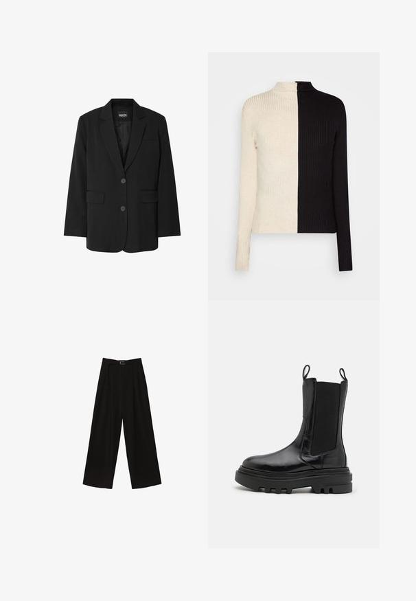 Sort blazer fra PIECES med reverskrave, to frontlommer og to knaplukninger, lavet af glat stof.; Ribbet rullekrave sweater med lange ærmer; farveblokeret design i creme og sort. Har en høj krave og tætsiddende silhuet.; Sorte brede bukser med høj talje, der har et bælte i taljen og plisseringer for tekstur. Fremstillet af et glat, letvægtsstof.; Sorte ankelstøvler med en blank læderfinish, elastiske sidepaneler, trækflapper og en tyk, tekstureret gummisål. Kraftigt design, slank silhuet.
