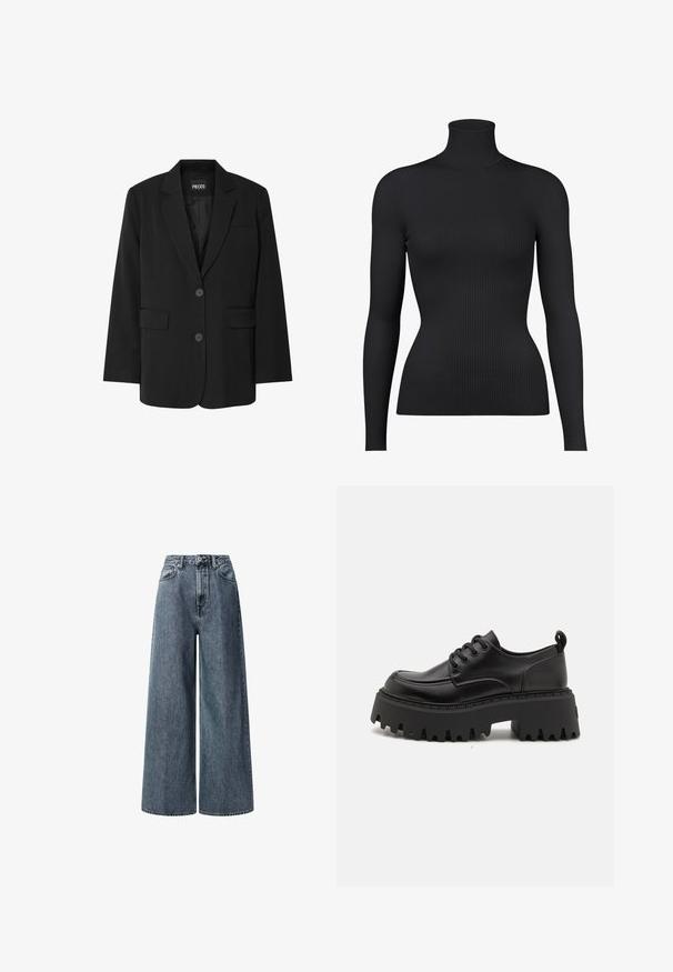 Schwarzer Blazer von PIECES, mit Reverskragen, zwei Fronttaschen und zwei Knopfverschluss, aus glattem Stoff gefertigt.; Schwarzer, gerippter Rollkragenpullover mit langen Ärmeln, der eine figurbetonte Silhouette und strukturierte Stoffe aufweist.; Weite, hoch geschnittene Jeans in dunkelblauem Denim. Mit klassischen Fronttaschen, Gürtelschlaufen und einem Reißverschluss mit Metallknopf.; Schwarze Leder-Plateauschuhe mit einer massiven, geriffelten Gummisohle und sechs Ösen. Sie verfügen über eine abgerundete Zehenpartie und eine Fersenschlaufe für ein einfaches Anziehen.