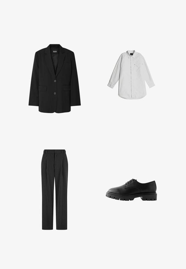 Schwarzer Blazer von PIECES, mit Reverskragen, zwei Fronttaschen und zwei Knopfverschluss, aus glattem Stoff gefertigt.; Weißes Langarmhemd aus leichtem Baumwollstoff. Mit einem Button-down-Kragen, einer Brusttasche und dezenten Stichdetails.; Schwarze Nadelstreifenhose mit hoher Taille, gefaltetem Vorderteil und geradem Bein. Der Stoff wirkt strukturiert und ist maßgeschneidert für einen formellen Look.; Schwarzer Lederschuh mit abgerundetem Zehenbereich, sechs Ösen, flachen Schnürsenkeln und einer stabilen Gummisohle mit tiefen Profilmustern.