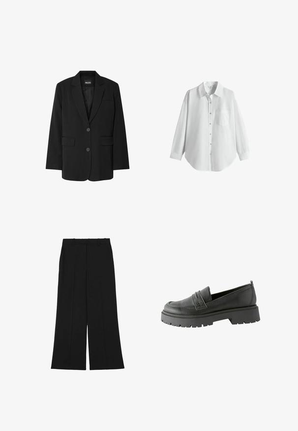 Sort blazer fra PIECES med reverskrave, to frontlommer og to knaplukninger, lavet af glat stof.; Hvid langærmet skjorte med knapper, krave og brystlomme, vist på en ensfarvet hvid baggrund.; Sorte bukser med vide ben lavet af et glat stof. De har høj talje, dobbelt forreste læg og bæltestropper. Ingen synlige lommer eller pynt.; Sorte læder loafers med en tekstureret overflade, fremtrædende syning og en tykk sort gummisåle med mønster.
