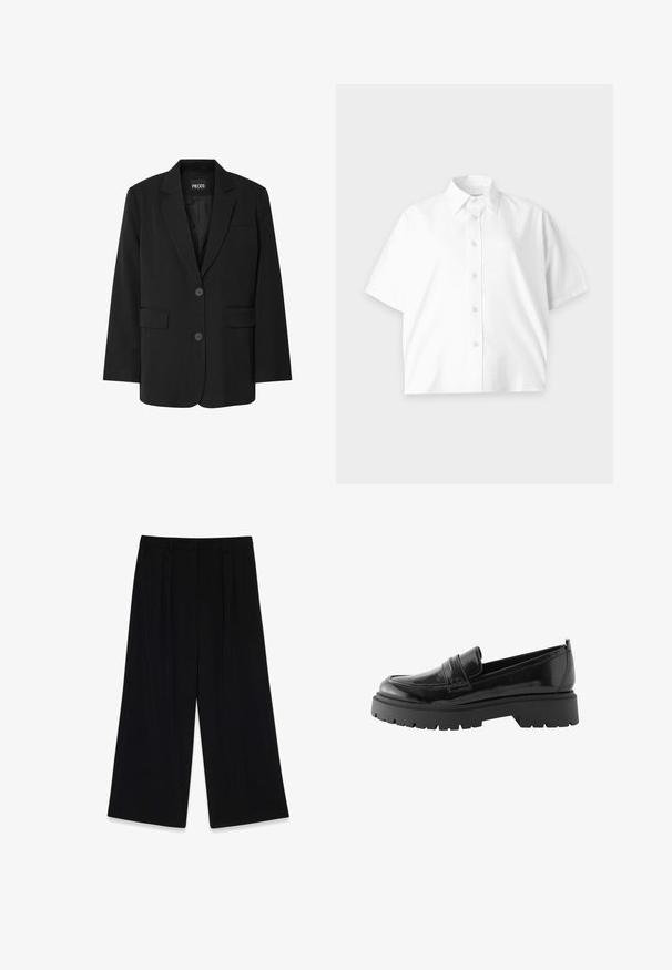 Sort blazer fra PIECES med reverskrave, to frontlommer og to knaplukninger, lavet af glat stof.; Hvid kortærmet skjorte med knapper og krave, enkelt design og diskret logo på brystet, vist på en lys baggrund.; Sorte vide bukser lavet af glat stof, der har læg foran, en mellemhøj talje og ingen synlige lukninger eller pynt.; Sorte lakerede loafers har en lav platformssål med en robust træd og en quiltet detalje over midtfoden.