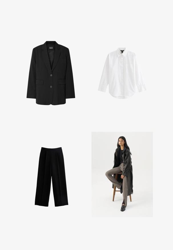 Sort blazer fra PIECES med reverskrave, to frontlommer og to knaplukninger, lavet af glat stof.; Hvid skjorte med lange ærmer, knapper foran, krave og frontlomme, vist på en ensfarvet hvid baggrund.; Sorte breddebenede bukser med en plisseret design, lavet af glat stof. Har en høj talje og en afslappet silhuet.; Sort læder trench coat med knapper og bælte detalje, parret med lysebrune tætsiddende bukser og sorte loafers, siddende på en træstol.