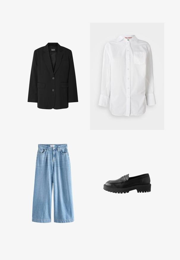 Sort blazer fra PIECES med reverskrave, to frontlommer og to knaplukninger, lavet af glat stof.; Hvid langærmet skjorte med knapper og krave samt brystlomme, Præsenteret mod en ensfarvet baggrund.; Lyseblå denim palazzo jeans med brede ben, der har høj talje, frontlommer og knaplukning. Diskret falmet tekstur.; Sort læder loafer med rund tå, hævet sømdetalje og kraftig gummisål med dybe riller for bedre greb.