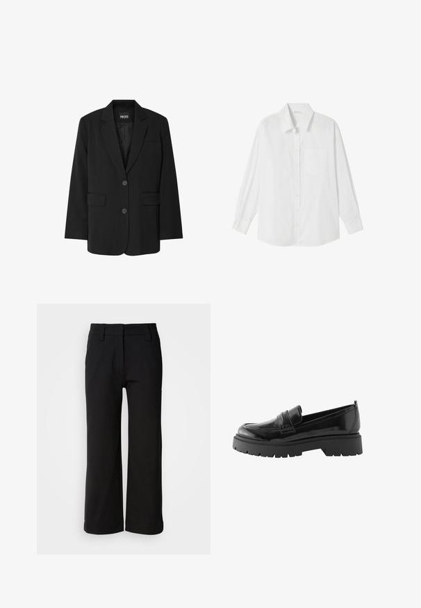 Sort blazer fra PIECES med reverskrave, to frontlommer og to knaplukninger, lavet af glat stof.; Hvid langærmet skjorte med knapper, krave, enkelt brystlomme og manchetter, lavet af glat, let stof.; Sorte bukser med vid ben lavet af glat stof. Har flad front, bæltestropper og en ren kant uden lommer eller synlige knapper.; Sorte lakerede loafers har en lav platformssål med en robust træd og en quiltet detalje over midtfoden.
