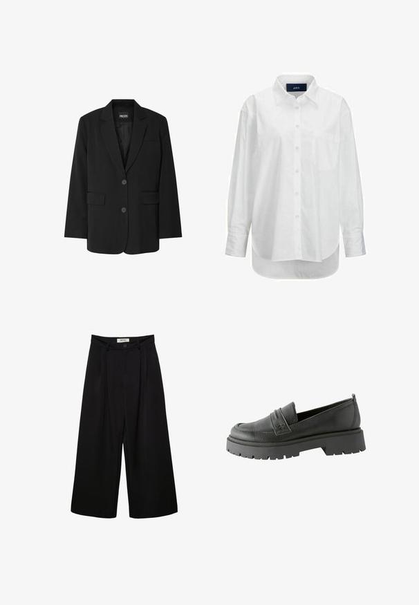 Sort blazer fra PIECES med reverskrave, to frontlommer og to knaplukninger, lavet af glat stof.; Hvid langærmet skjorte i glat bomuld med knapkrave, frontlomme og buet nederkant. Har en rygskulder for ekstra struktur.; Sorte bukser med vide ben og høj talje, med forreste læg, to sidelommer og knaplukning. Glat stoftekstur.; Sorte læder loafers med en tekstureret overflade, fremtrædende syning og en tykk sort gummisåle med mønster.