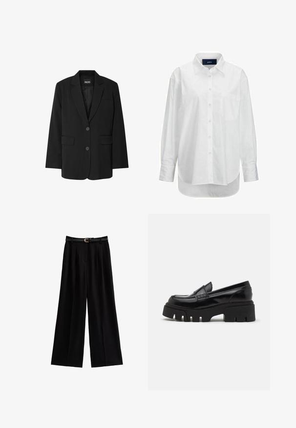 Sort blazer fra PIECES med reverskrave, to frontlommer og to knaplukninger, lavet af glat stof.; Hvid langærmet skjorte i glat bomuld med knapkrave, frontlomme og buet nederkant. Har en rygskulder for ekstra struktur.; Bredde ben sorte bukser lavet af blødt stof, med skarpe folder og et tekstureret sort bælte med en gylden spænde.; Sorte læder loafers med en chunky, tekstureret platformssål og en dekorativ rem over toppen. Glat, blank finish.